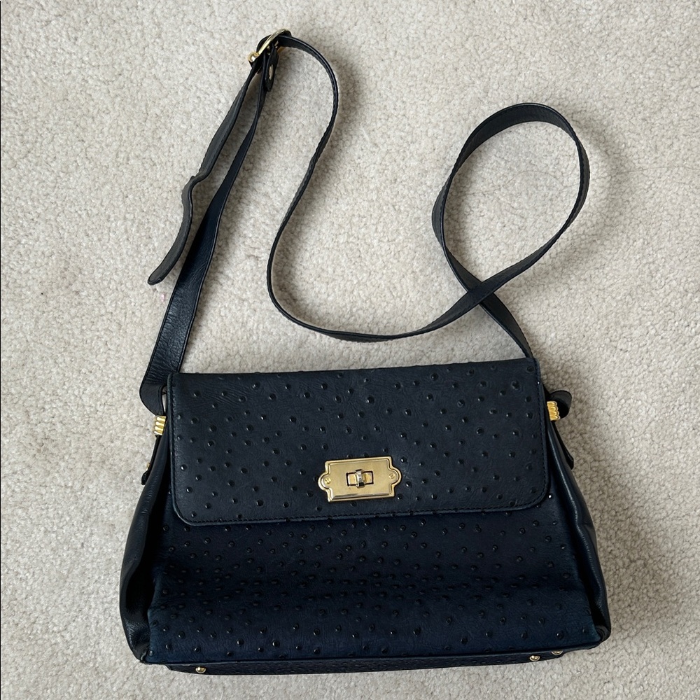 Due Fratelli Ostrich Leather Shoulder Bag in Navy